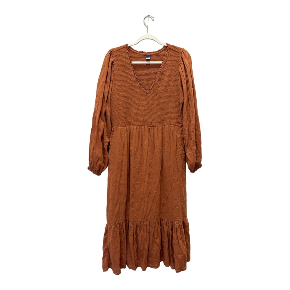 Old Navy Long-Sleeve Fit & Flare Smocked Clip-Dot Midi Dress Warm Hickory size L